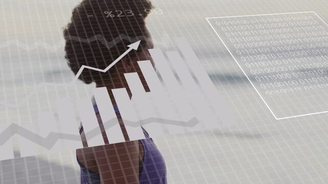 Woman standing in profile by sea, system initializing and projecting grid, charts for data analysis
