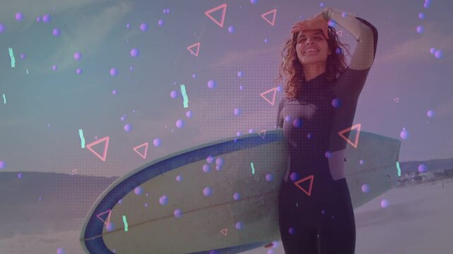 Female surfer holding board, shading eyes and scanning ocean for waves, marketing overlay floating