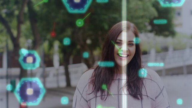 Woman widening smile and speaking on path while overlay appearing, hexagons drifting, showing tech