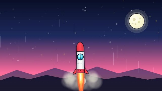 Animated rocket launching into starry night sky towards the moon with countdown and inspirational text