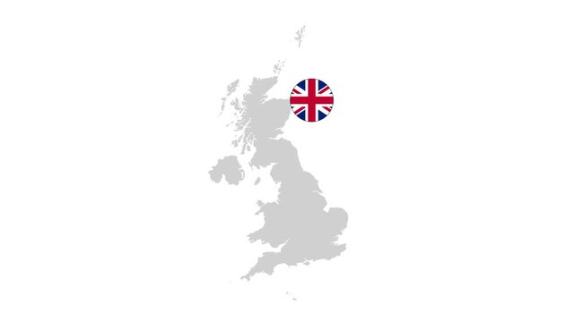 United kingdom map animation showing a circular icon with the british flag moving slowly across the Scottish region in this digital motion clip