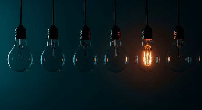 Glowing light bulb illuminates a row of dark hanging lamps against a teal background. Cinematic low-key lighting emphasizes a singular bright idea. Perfect for leadership and branding campaigns.