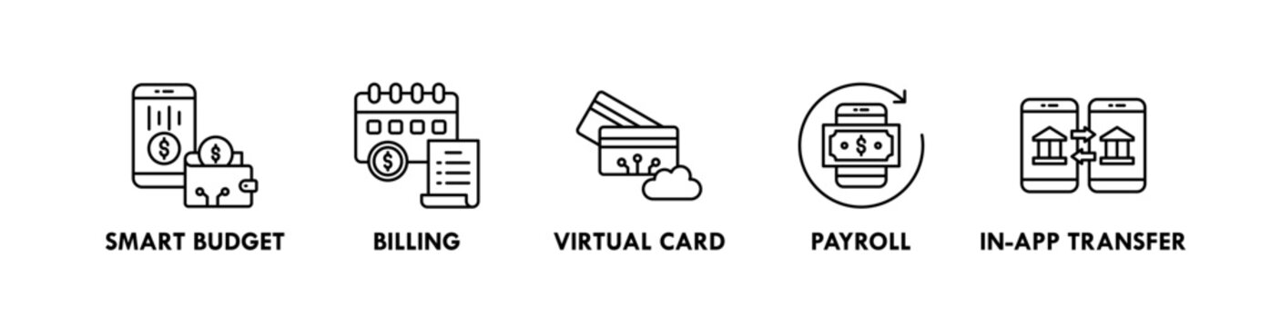 Embedded Finance web icon illustration concept with icon of smart budget, billing, virtual card, payroll, and in-app transfer