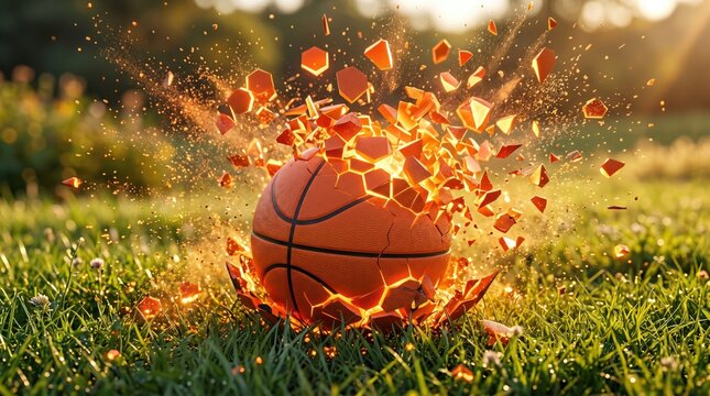Orange basketball exploding into glowing fragments on green grass