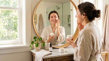 Fototapeta premium Happy Woman Applying Face Cream in Sunny Bathroom Mirror