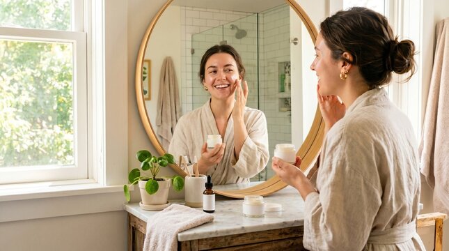 Happy Woman Applying Face Cream in Sunny Bathroom Mirror
