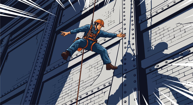 Man in blue jumpsuit rappelling down a building.