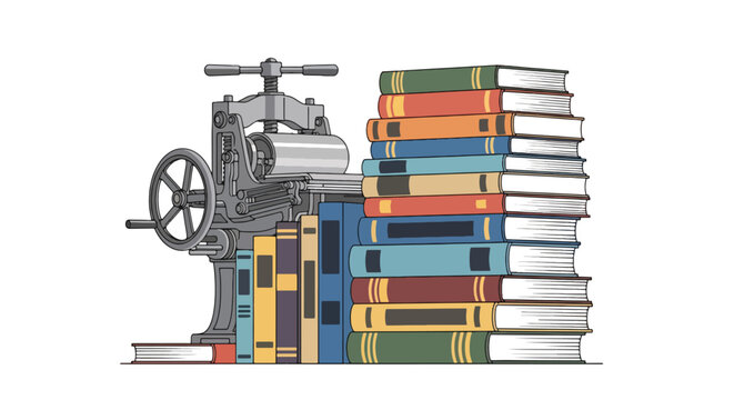 A colorful illustration of a bookbinding machine.