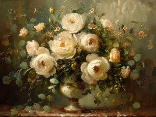 Naklejka premium White rose floral arrangement wedding bouquet sage green still life oil painting vintage vase romantic mood for wedding decor on background