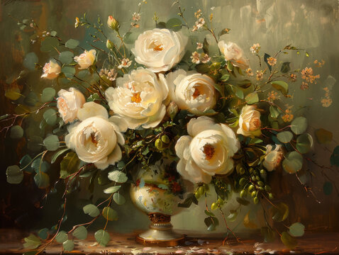 White rose floral arrangement wedding bouquet sage green still life oil painting vintage vase romantic mood for wedding decor on background