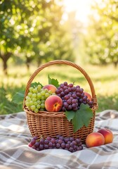 Obraz premium Wicker basket filled with ripe grapes and fresh peaches rests on a checkered blanket outdoors during bright sunshine