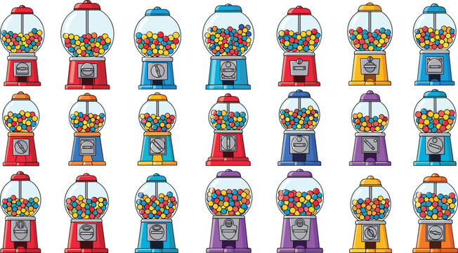 Gumball Machine Vector Set Featuring Different Colorful Machines with Gumballs and Coin Slots for Fun, Candy, and Entertainment Illustrations