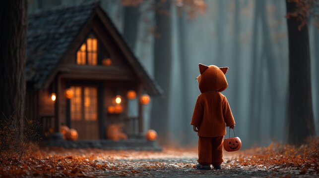 Child in Fox Costume with Pumpkin Bucket Near Enchanted Fall Cabin