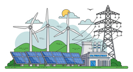 Renewable energy power generation plant with wind turbines and solar panels. © Avis_Sunani