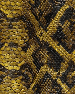 ヘビの黄色と黒の鱗が密接に写っている。自然や動物関連のデザイン素材や背景に適した質感の写真。