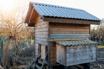 Wooden hen house in backyard farm with sunny countryside light © Munka