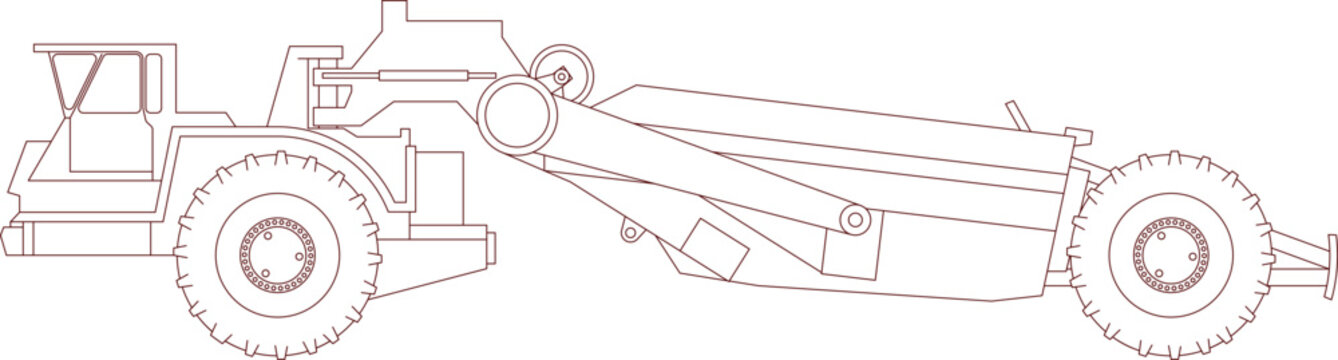 Technical vector outline of a heavy wheel tractor scraper, featuring a side elevation design for industrial earthmoving.