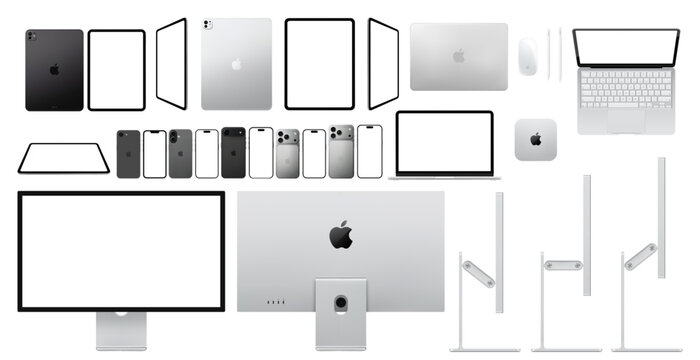 Photorealistic Apple 2025-2026 lineup mockup in real dimentions: all Iphones 17, Macbook NEO, Ipad Pro, Mac Mini, Studio Display XDR, mouse, pencils. Front, rear, side view isolated. Vector editorial