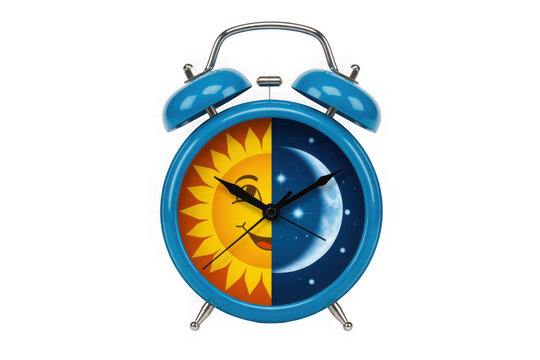 Alarm clock with sun and moon design isolated on transparent background, time concept
