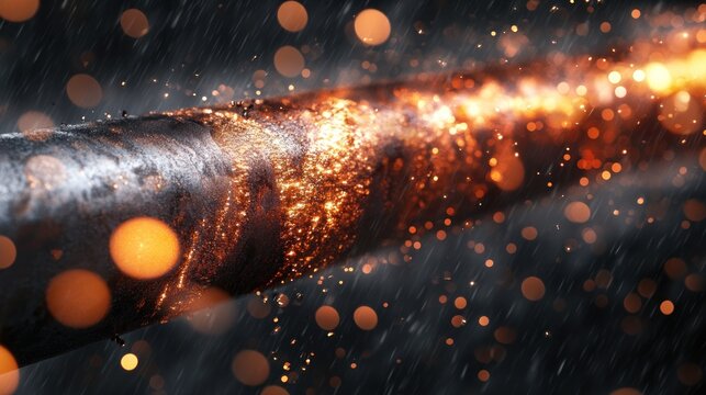 Close-up of metal pipe with sparks and blurred bokeh, rain, and dark background