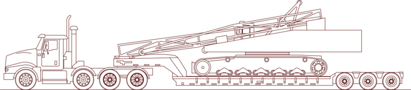 Technical engineering drawing of a heavy-duty transport truck carrying a drilling rig or articulated boom equipment on a multi-axle lowboy trailer in side elevation view.