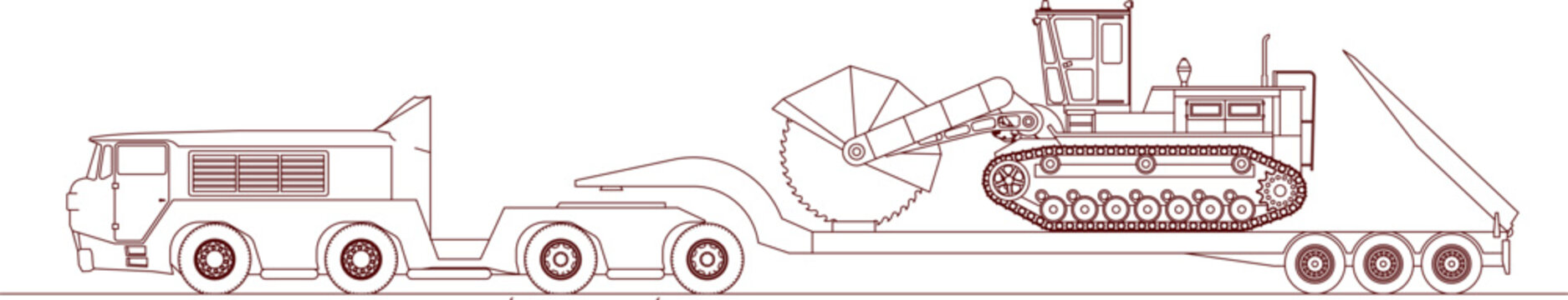 Technical vector outline of a heavy rock saw trencher on a lowboy trailer truck, side elevation for industrial logistics.