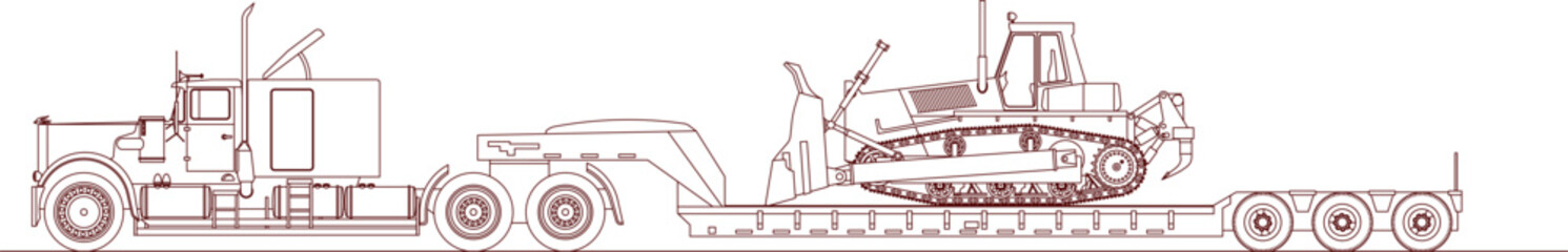 Technical vector outline of a heavy bulldozer with a ripper on a lowboy trailer, side elevation for industrial logistics. © Riki