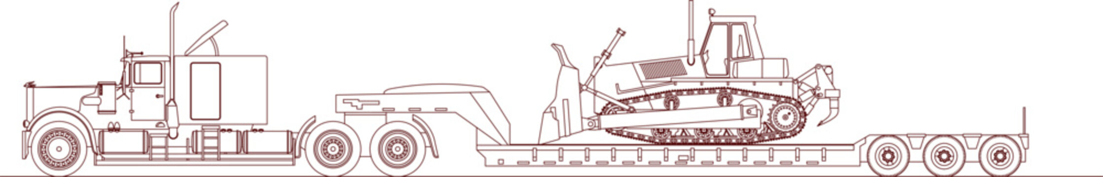 Technical vector outline of a heavy bulldozer with a ripper on a lowboy trailer, side elevation for industrial logistics.