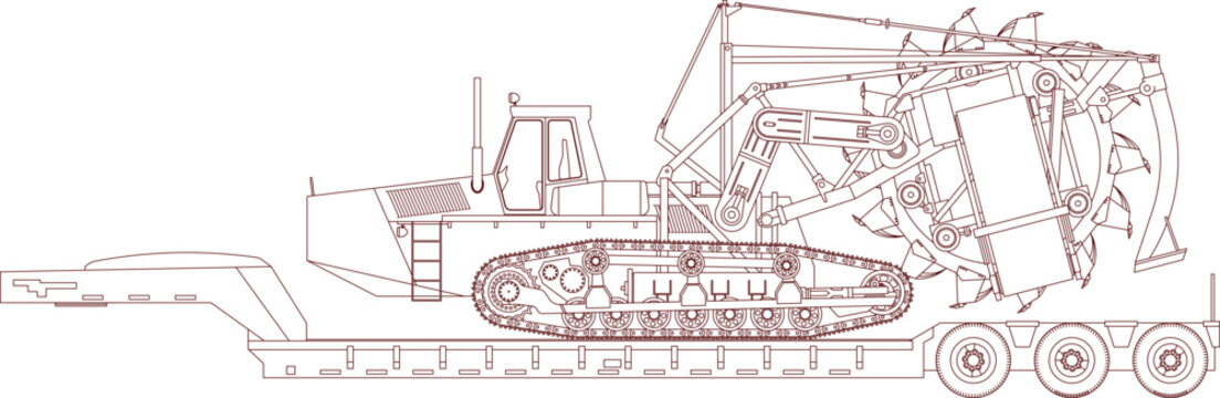 Technical vector outline of a heavy bucket wheel excavator being transported on a lowboy trailer, side elevation design.