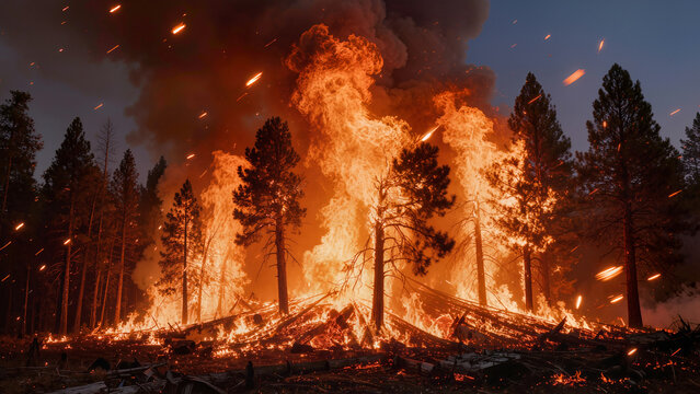 Intense Forest Wildfire Burning at Night, Massive Flames and Sparks Destroying Trees in a Pine Forest, Environmental Disaster Concept