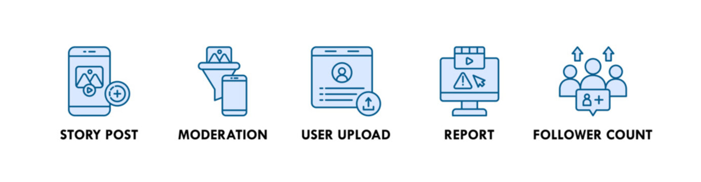 User Generated Content web icon illustration concept with icon of story post, moderation, user upload, report, and folower count