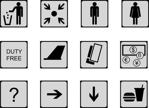 Minimalist vector set of universal airport and public area signage icons, featuring travel, service, and wayfinding symbols.