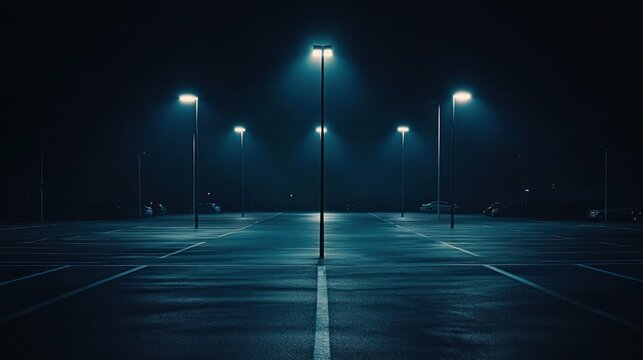 A stark, empty parking lot illuminated by overhead lights, shrouded in a deep, mysterious darkness