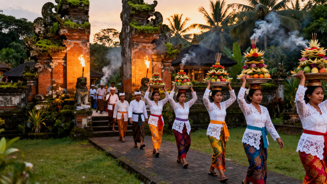 balinese hindu temple ceremony at dusk with torchlit procession and traditional dancers