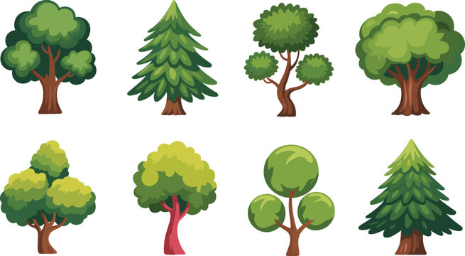 Set of eight colorful stylized tree illustrations, diverse foliage shapes and seasonal colors for children&rsquo;s books, game assets, landscape design, and education