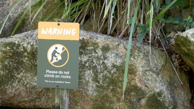 A warning sign requesting people not to climb on rocks where wallabies live in a natural setting.