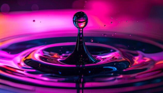single drop of neon liquid falling into a pool of black ink, vibrant  