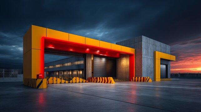 Factory Entrance with Sliding Gate and Loading Area Under Dramatic Sky