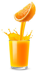 Orange juice pouring from a fruit slice into a glass isolated on transparent background. © Denis Petrovskikh