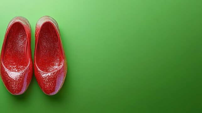 Pair of sparkly, ruby red footwear on a vibrant green surface, evoking a sense of fantasy
