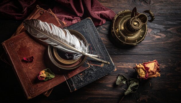 flat lay of vintage dark academia aesthetic, old leather books, a brass 