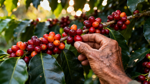 hand picking ripe red coffee cherries from lush green farm during harvest season