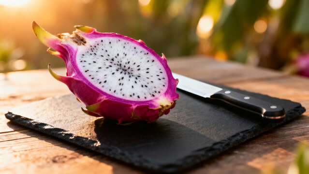 Freshly sliced dragon fruit on black slate board with knife in soft natural light