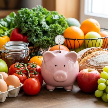 Saving Money on Healthy Food - A Piggy Bank Surrounded by Fresh Produce.