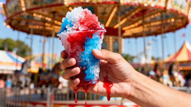 hand holding colorful blue raspberry snow cone at sunny carnival with rides