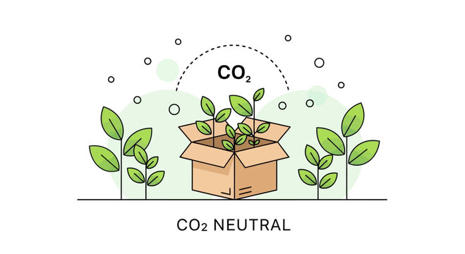 CO2 neutral concept illustration with cardboard box and green plant sprouts.