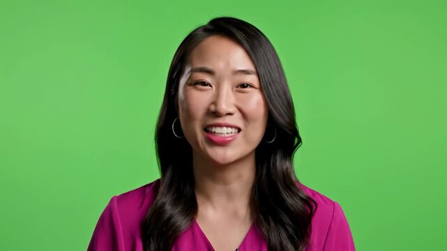 A young Asian woman with long dark hair and a pink top looks thoughtfully to the side on a green screen background.