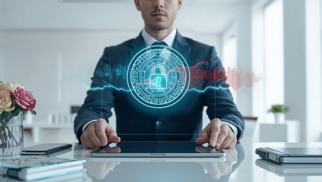 Professional uses tablet for advanced Cybersecurity Protecting data, with a glowing shield and padlock icon