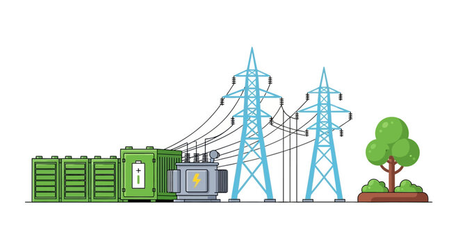 Electrical substation with high voltage power transmission towers and green battery storage.