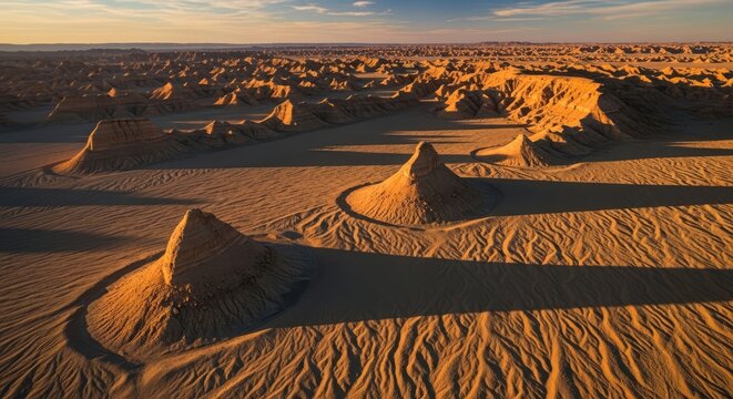Aerial view of desert yardang landforms during golden sunset